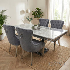 Urban 1.8m Light Grey Marble Dining Set – Chrome U Base Table with 4/6/8 Megan Dark Grey Velvet Chairs