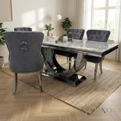 Urban 1.8m Light Grey Marble Dining Set – Chrome U Base Table with 4/6/8 Megan Dark Grey Velvet Chairs