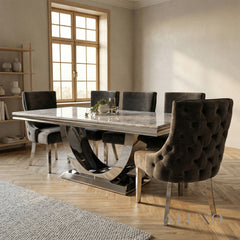 Urban 1.8m Light Grey Marble Dining Set – Chrome U-Base Table with 4/6/8 Oskar Dark Grey Velvet Chairs