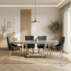 Urban 1.8m Light Grey Marble Dining Set – Chrome U-Base Table with 4/6/8 Oskar Dark Grey Velvet Chairs