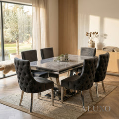 Urban 1.8m Light Grey Marble Dining Set – Chrome U-Base Table with 4/6/8 Oskar Dark Grey Velvet Chairs