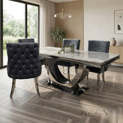 Urban 1.8m Light Grey Marble Dining Set – Chrome U-Base Table with 4/6/8 Oskar Dark Grey Velvet Chairs