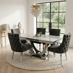 Urban 1.8m Light Grey Marble Dining Set – Chrome U-Base Table with 4/6/8 Oskar Dark Grey Velvet Chairs