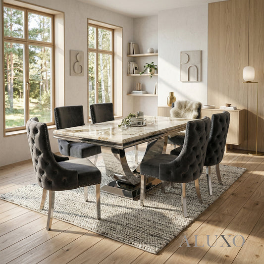 Urban 1.8m Cream Marble Dining Set – Chrome U-Base Table with 4/6/8 Oskar Dark Grey Velvet Chairs