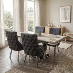 Urban 1.8m Cream Marble Dining Set – Chrome U-Base Table with 4/6/8 Oskar Dark Grey Velvet Chairs