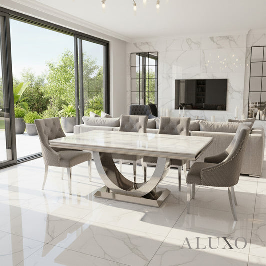 Urban 1.8m White Marble Dining Set – Chrome U Base Table with 4/6/8 Bentley Grey Velvet Chairs