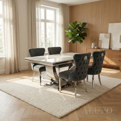 Urban 1.8m White Marble Dining Set - Chrome U Base Table with 4/6/8 Chelsea Grey Velvet Chairs