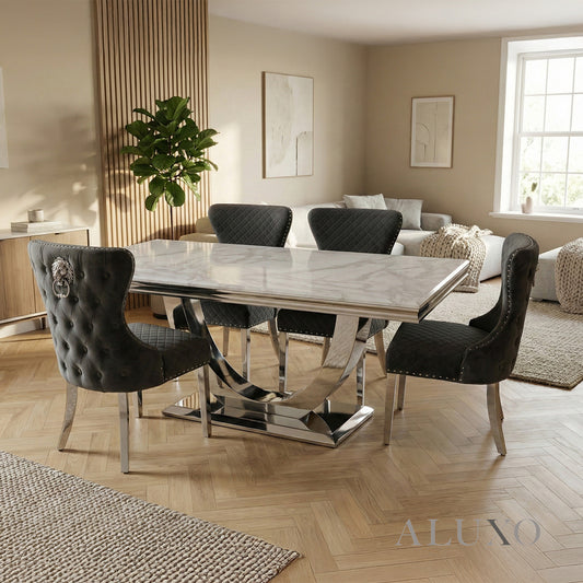Urban 1.8m White Marble Dining Set - Chrome U Base Table with 4/6/8 Chelsea Grey Velvet Chairs