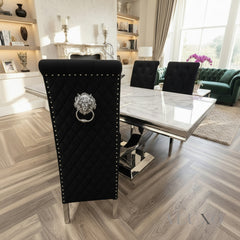 Urban 1.8m White Marble Dining Table with Chrome U Base & 4/6/8/10 Einar Black Velvet Lion Chairs