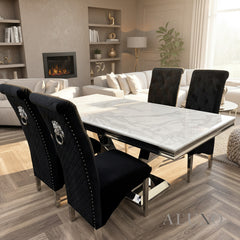 Urban 1.8m White Marble Dining Table with Chrome U Base & 4/6/8/10 Einar Black Velvet Lion Chairs
