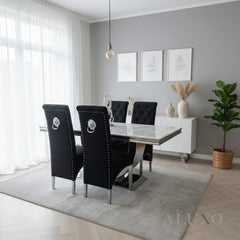 Urban 1.8m White Marble Dining Table with Chrome U Base & 4/6/8/10 Einar Black Velvet Lion Chairs