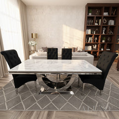 Urban 1.8m White Marble Dining Table with Chrome U Base & 4/6/8/10 Einar Black Velvet Lion Chairs