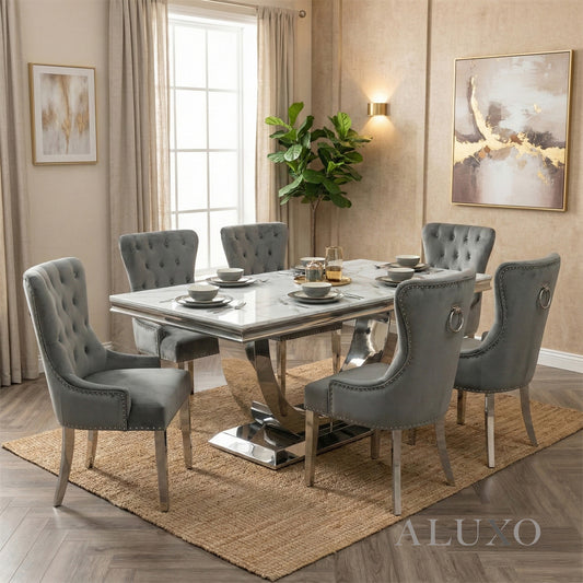 Urban 1.8m White Marble Dining Set – Chrome U Base Table with 4/6/8 Megan Dark Grey Velvet Chairs