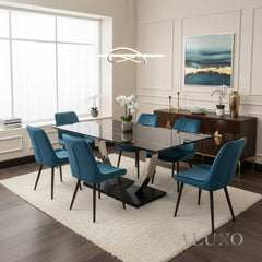 Valdemar 1.6m Black Sintered Stone Dining Set β Chrome Pedestal Base with 4/6 Didrik Blue Velvet Chairs