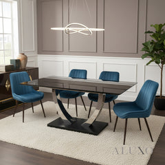 Valdemar 1.6m Black Sintered Stone Dining Set β Chrome Pedestal Base with 4/6 Didrik Blue Velvet Chairs