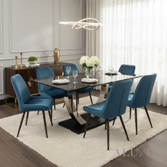 Valdemar 1.6m Black Sintered Stone Dining Set β Chrome Pedestal Base with 4/6 Didrik Blue Velvet Chairs