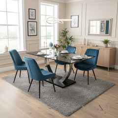 Valdemar 1.6m Black Sintered Stone Dining Set β Chrome Pedestal Base with 4/6 Didrik Blue Velvet Chairs