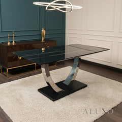 Valdemar 1.6m Black Sintered Stone Dining Set β Chrome Pedestal Base with 4/6 Didrik Blue Velvet Chairs