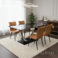 Valdemar 1.6m Black Sintered Stone Dining Set โ Chrome Pedestal Base with 4/6 Folke Tan Leather Chairs