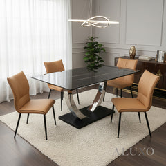 Valdemar 1.6m Black Sintered Stone Dining Set โ Chrome Pedestal Base with 4/6 Folke Tan Leather Chairs
