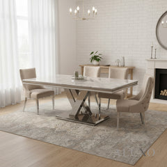 Valeria 1.8m Chrome Dining Set โ Light Grey Marble Table with 4/6/8 Oskar Beige Velvet Chairs