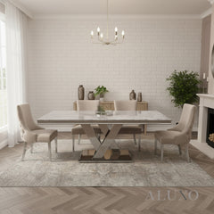 Valeria 1.8m Chrome Dining Set โ Light Grey Marble Table with 4/6/8 Oskar Beige Velvet Chairs
