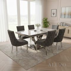 Valeria 1.8m Chrome Dining Set โ Light Grey Marble Table with 4/6/8 Oskar Dark Grey Velvet Chairs