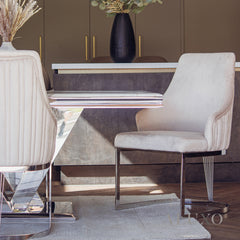 Valeria 1.8m Rectangular Chrome Dining Set โ Cream Marble Table with 4/6 Olivia Velvet Chairs
