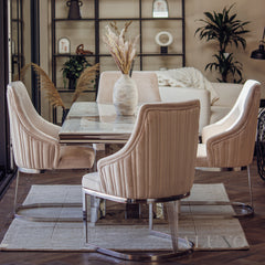 Valeria 1.8m Rectangular Chrome Dining Set โ Cream Marble Table with 4/6 Olivia Velvet Chairs