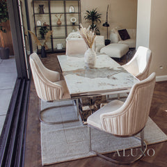 Valeria 1.8m Rectangular Chrome Dining Set โ Cream Marble Table with 4/6 Olivia Velvet Chairs