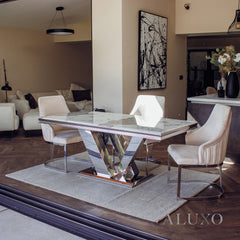 Valeria 1.8m Rectangular Chrome Dining Set โ Cream Marble Table with 4/6 Olivia Velvet Chairs