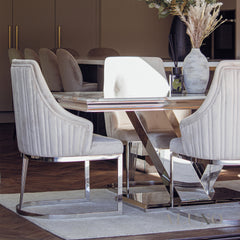 Valeria 1.8m Rectangular Chrome Dining Set โ Cream Marble Table with 4/6 Olivia Velvet Chairs