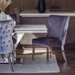 Valeria 1.8m Rectangular Chrome Dining Set – Cream Marble Table with 4/6/8 Chelsea Velvet Lion Knocker Chairs