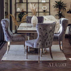 Valeria 1.8m Rectangular Chrome Dining Set – Cream Marble Table with 4/6/8 Chelsea Velvet Lion Knocker Chairs