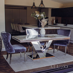Valeria 1.8m Rectangular Chrome Dining Set – Cream Marble Table with 4/6/8 Chelsea Velvet Lion Knocker Chairs