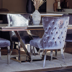 Valeria 1.8m Rectangular Chrome Dining Set – Cream Marble Table with 4/6/8 Chelsea Velvet Lion Knocker Chairs