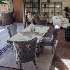 Valeria 1.8m Rectangular Chrome Dining Set – Cream Marble Table with 4/6/8 Chelsea Velvet Lion Knocker Chairs