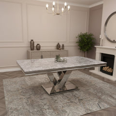 Valeria 1.8m Chrome Dining Set โ Light Grey Marble Table with 4/6/8 Oskar Beige Velvet Chairs