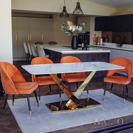 Vittoria 1.8m Slimline Gold Dining Set – White Sintered Stone Table with 4/6/8 Bjorn Velvet Chairs