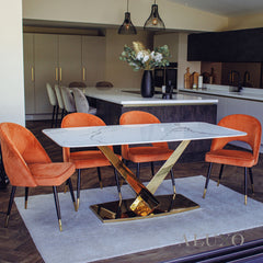 Vittoria 1.8m Slimline Gold Dining Set – White Sintered Stone Table with 4/6/8 Bjorn Velvet Chairs