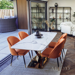 Vittoria 1.8m Slimline Gold Dining Set – White Sintered Stone Table with 4/6/8 Bjorn Velvet Chairs