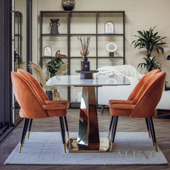 Vittoria 1.8m Slimline Gold Dining Set – White Sintered Stone Table with 4/6/8 Bjorn Velvet Chairs