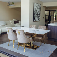 Vittoria 1.8m Slimline Gold Dining Set – White Sintered Stone Table with 4/6/8 Henrik Velvet Chairs