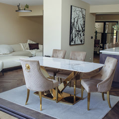 Vittoria 1.8m Slimline Gold Dining Set – White Sintered Stone Table with 4/6/8 Henrik Velvet Chairs