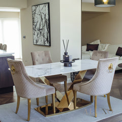 Vittoria 1.8m Slimline Gold Dining Set – White Sintered Stone Table with 4/6/8 Henrik Velvet Chairs