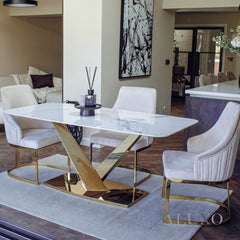 Vittoria 1.8m Slimline Gold Dining Set ā White Sintered Stone Table with 4/6 Olivia Velvet Chairs