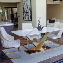Vittoria 1.8m Slimline Gold Dining Set ā White Sintered Stone Table with 4/6 Olivia Velvet Chairs