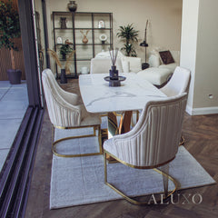 Vittoria 1.8m Slimline Gold Dining Set ā White Sintered Stone Table with 4/6 Olivia Velvet Chairs