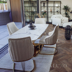 Vittoria 1.8m Slimline Gold Dining Set ā White Sintered Stone Table with 4/6 Olivia Velvet Chairs