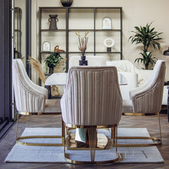 Vittoria 1.8m Slimline Gold Dining Set ā White Sintered Stone Table with 4/6 Olivia Velvet Chairs